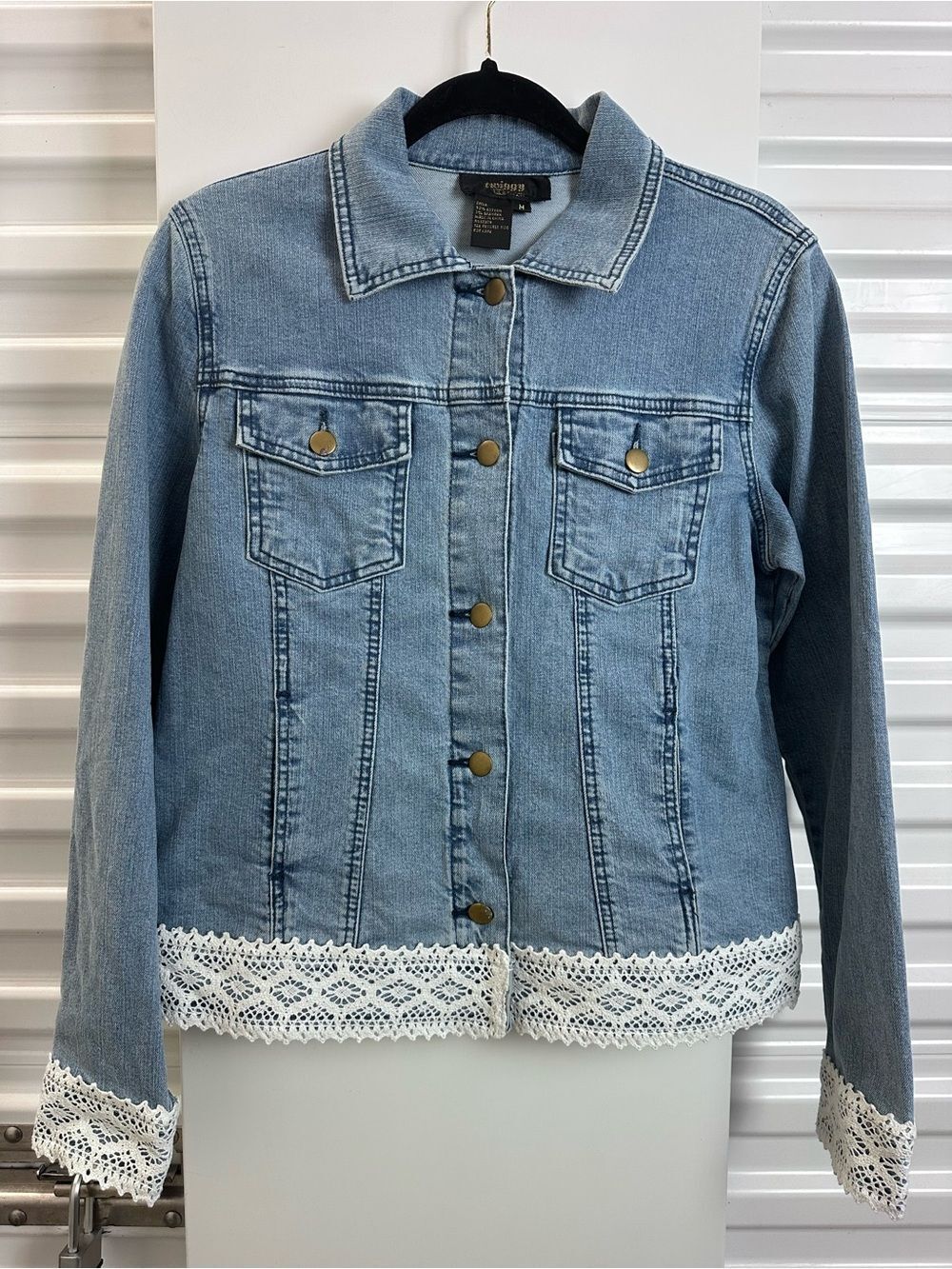 Twiggy London Light Wash Denim Jacket with Lace Trim